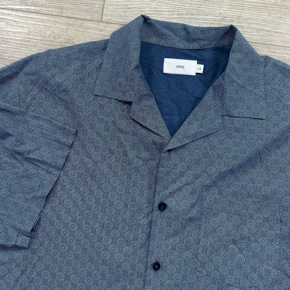 Onia Men's Large Blue Geometric Cotton Short Sleeve Shirt Button Up